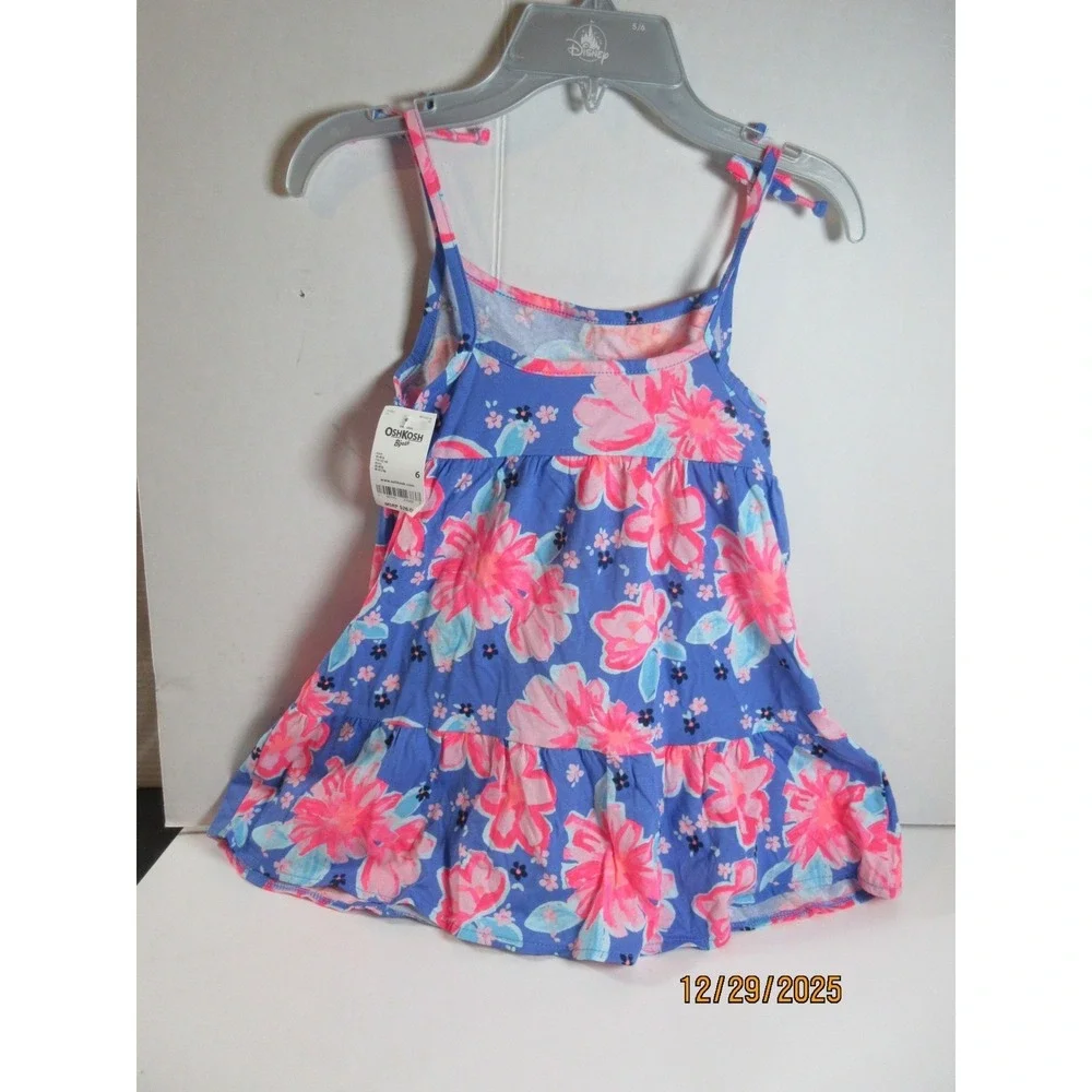 OshKosh B'gosh Girls Blue Floral Print Tank Dress Size 6 Adjustable Tie Straps